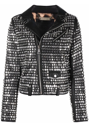 Philipp Plein crystal-embellished leather jacket - Black