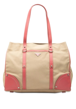 Prada Pre-Owned 2013-2026 Studded Leather Trimmed Canvas Front Pocket Tote satchel - Brown