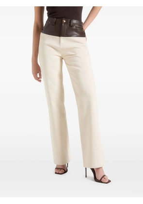 Manière De Voir Renee leather & denim contrasting-panel cream/brown straight leg jeans - Neutrals