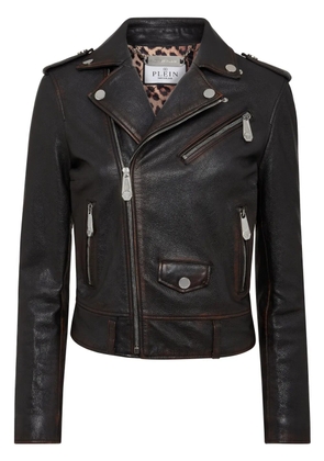 Philipp Plein logo-patch leather biker jacket - Black