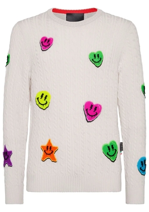 Philipp Plein appliqué cable-knit jumper - White