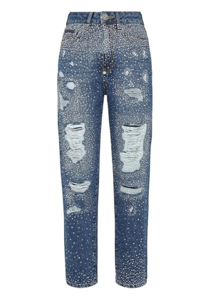 Philipp Plein crystal-embellished distressed-denim trousers - Blue