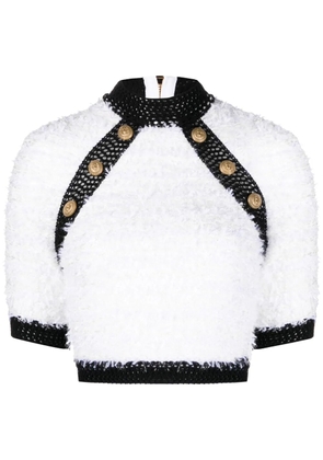 Balmain button-embellished tweed crop top - White