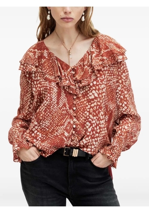 AllSaints Phoebe ruffle-detail snake-print top - Red
