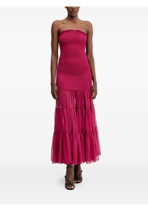 Bardot ruffled shirred midi dress