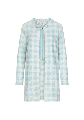 Oscar de la Renta gingham-pattern flower-appliqué coat - Blue