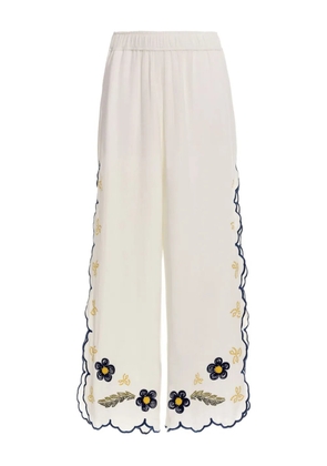 Agua Bendita Winter Moras floral-embroidered scalloped trousers - White