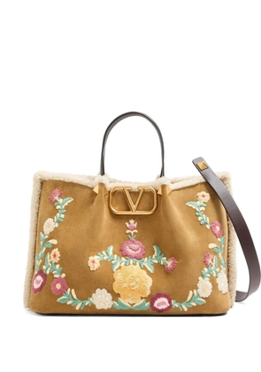 Valentino Garavani medium VLogo-signature floral-embroidered suede tote bag - Neutrals