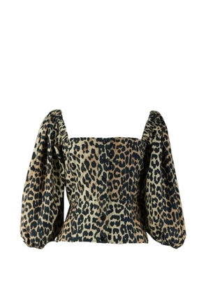 GANNI leopard-print puff-sleeved top - Neutrals