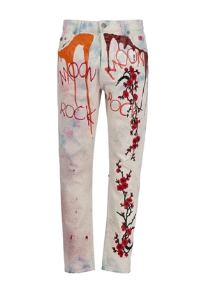 Palm Angels flower-print paint-splatter art jeans - Neutrals