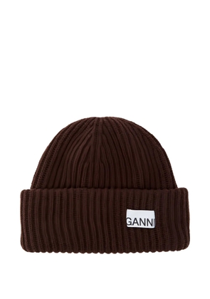 GANNI ribbed patch beanie hat - Brown