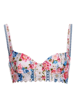 Agua Bendita Balena floral-print scalloped-edge bikini top - White