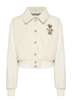 Philipp Plein teddy-embellished leather bomber jacket - Neutrals