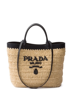 Prada leather-trimmed woven tote bag - Neutrals