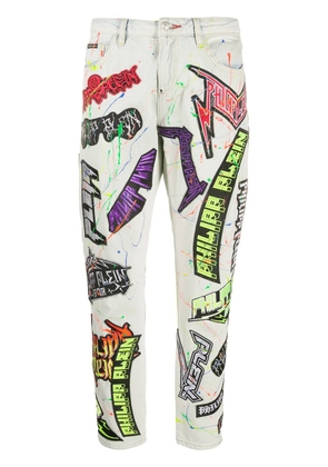 Philipp Plein logo-patch paint splatter jeans - Blue