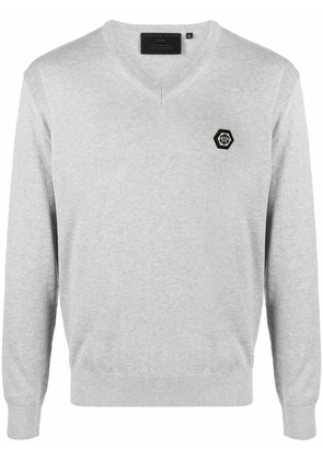 Philipp Plein logo-patch V-neck jumper - Grey