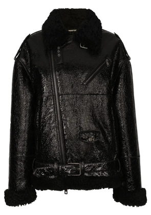 Dolce & Gabbana frilled-collar pebbled leather jacket - Black