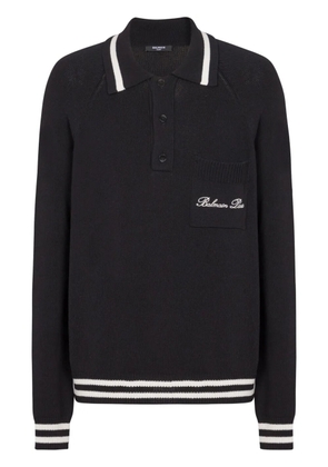 Balmain logo-embroidered long-sleeved polo shirt - Black