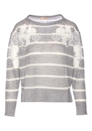 TWINSET striped-pattern lace-embellished sweater - Grey