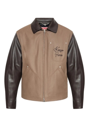 Kenzo embroidered leather-sleeves jacket - Brown