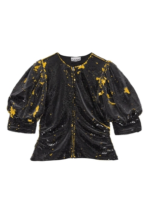 GANNI sequinned puff-sleeve blouse - Black