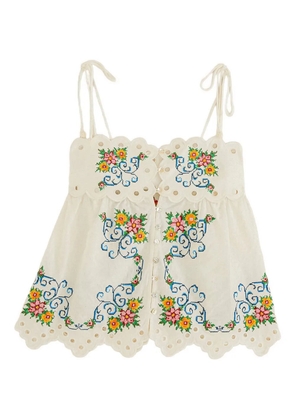 FARM Rio floral-embroidered scalloped top - White