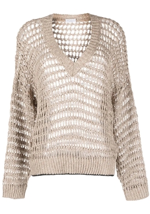 Brunello Cucinelli open-knit V-neck jumper - Neutrals