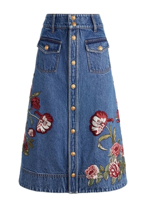 alice + olivia Dahlia floral-embroidered denim skirt - Blue