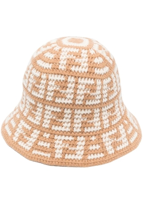 FENDI knitted logo-pattern bucket hat - Brown