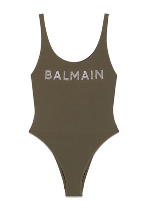 Balmain logo-appliqué swimsuit - Green
