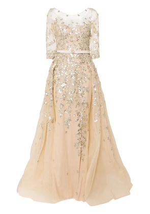Saiid Kobeisy beaded tulle belted gown - Neutrals