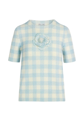 Oscar de la Renta gingham-pattern flower-appliqué T-shirt - Blue
