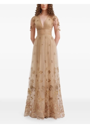 Gemy Maalouf embroidered V-neck tulle gown dress - Neutrals