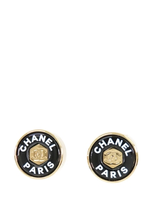 CHANEL Pre-Owned 2024 Gold Plated Enamel Logo Button Bullet Back Earrings costume earrings - Black