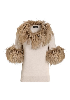 Dolce & Gabbana feather-trim cashmere top - Neutrals