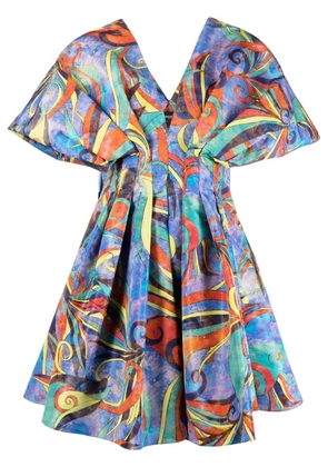 Rochas pleated graphic-print minidress - Blue
