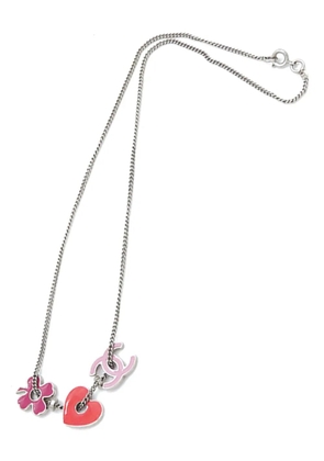 CHANEL Pre-Owned 2004 CC Silver Plated Enamel Heart and Clover Charm Pendant Necklace costume necklace - Pink