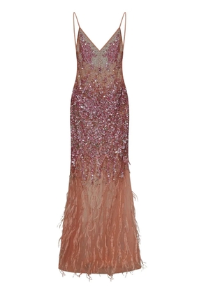 ROOM76 sequin-feather embellished v-neck dress - Pink