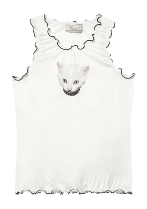 Blumarine cat-print ruffled T-shirt - White