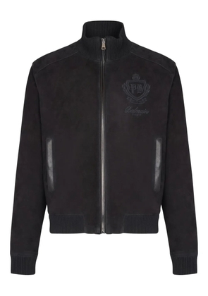 Balmain embroidered-emblem suede jacket - Black