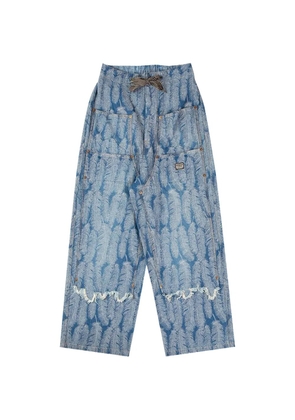 KAPITAL Magpie feather-graphic baggy jeans - Blue