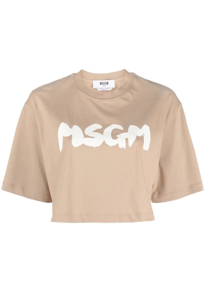 MSGM cropped logo-print cotton T-shirt - Brown