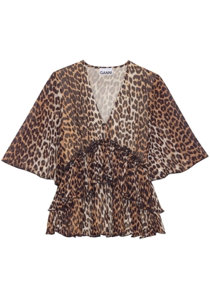 GANNI leopard-print V-neck pleated blouse - Brown