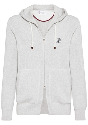 Brunello Cucinelli logo-embroidered zip-up cotton hoodie - White