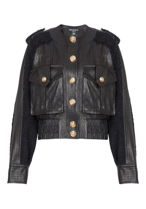 Balmain tweed-panel leather bomber jacket - Black
