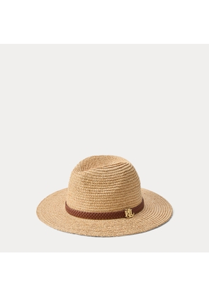 Faux-Leather-Trim Raffia Fedora