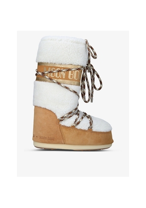 Womens Moon Boot Icon Logo-Print Shearling and Suede Snow Boots
