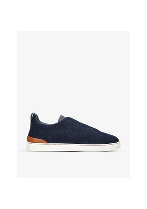 Mens Zegna Triple Stitch Contrast-Sole Denim Low-Top Trainers