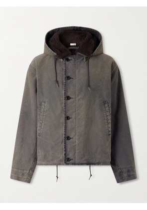 A.PRESSE - Fleece-Lined Distressed Cotton-Canvas Hooded Jacket - Men - Gray - 1