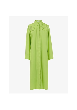 Womens Leem Embroidered-Shoulder Long-Sleeve Cotton-Blend Midi Dress